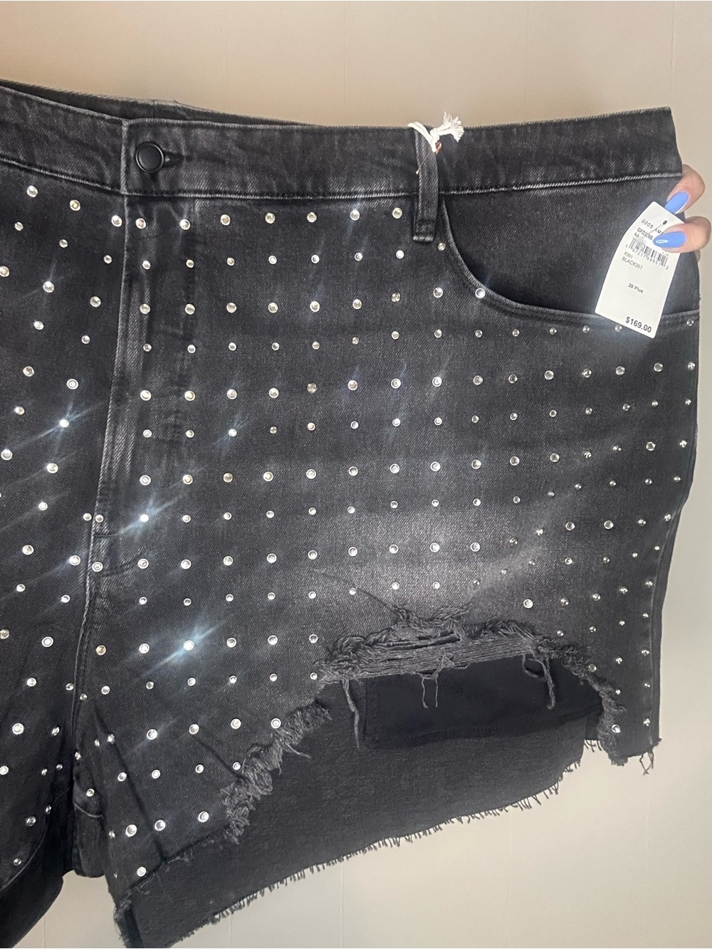 Good American Bombshell Rhinestone Distressed Denim Shorts